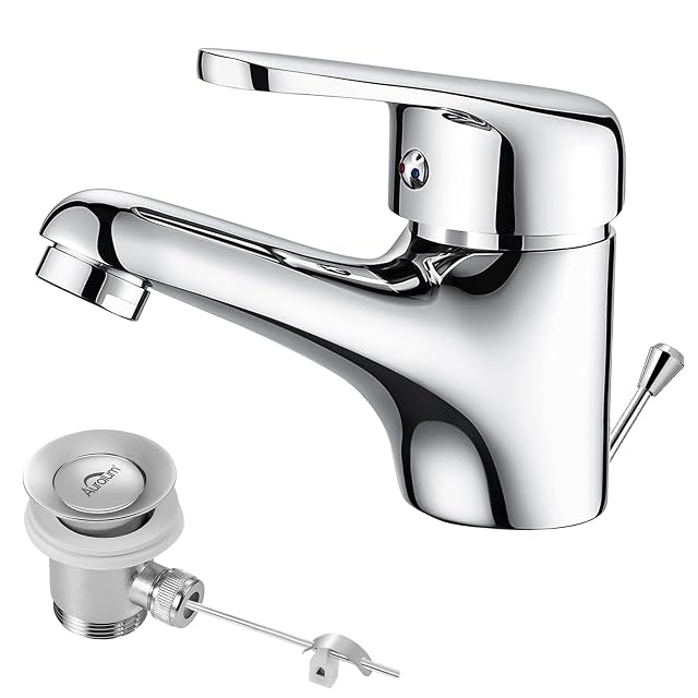 Monomando de lavabo cromado Auralum con válvula de vaciado de latón macizo