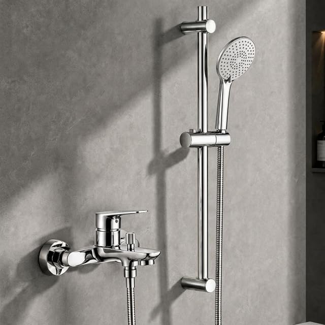 Conjunto mezclador de bañera cromado Auralum con barra de ducha y teleducha