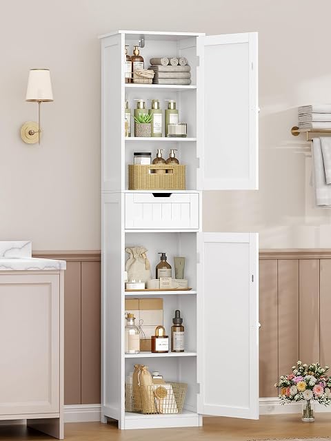 Mueble columna de baño blanco estrecho TEENFON con dos puertas y un cajón