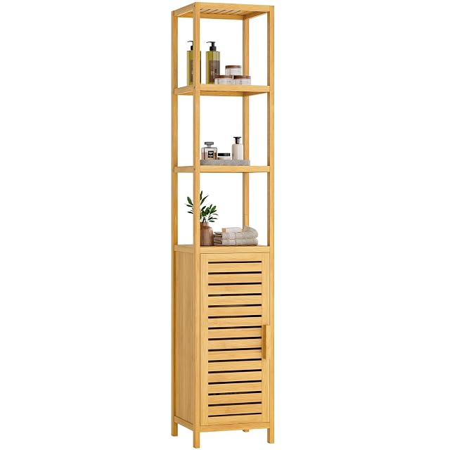 Columna alta de almacenaje de baño en bambú macizo con puertas de lamas VIAGDO
