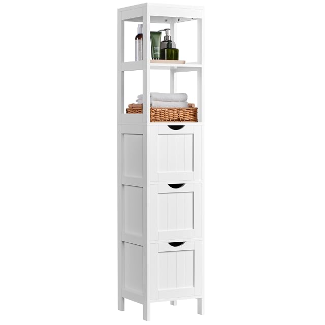 Columna alta de almacenaje de baño blanca con cajones y baldas abiertas Yaheetech