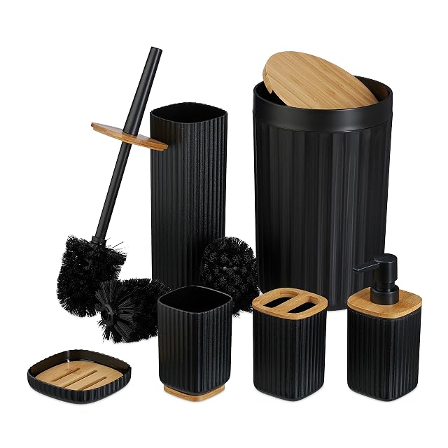 Set de baño de seis piezas Relaxdays en plástico negro estriado y bambú