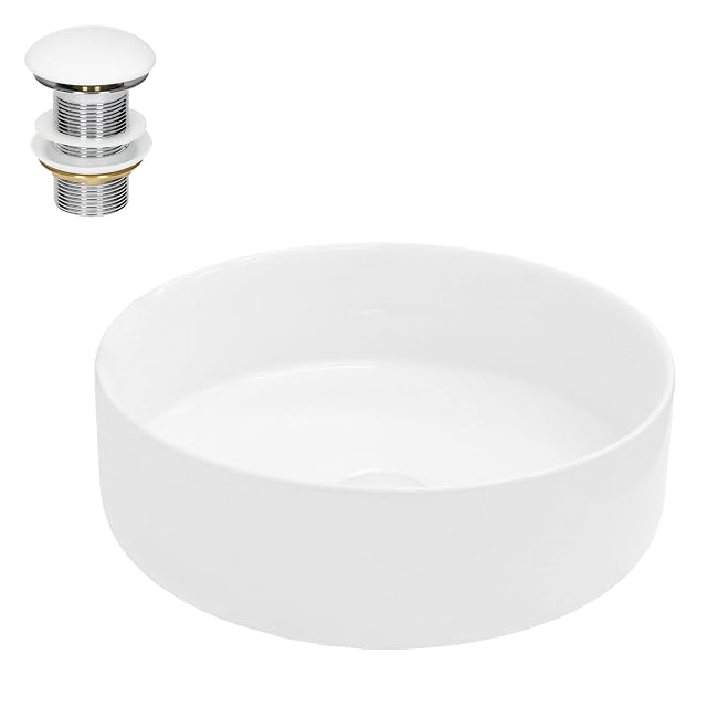 Lavabo sobre encimera redondo de cerámica blanca LuxeBath con válvula de clic