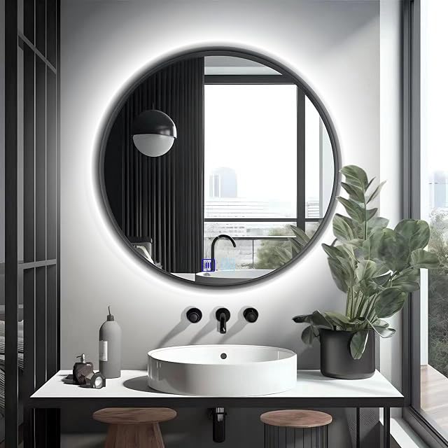 Espejo de baño LED redondo con marco negro Save LOFT