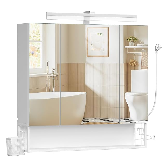 Armario de baño con espejo blanco de tres puertas y franja luminosa VASAGLE