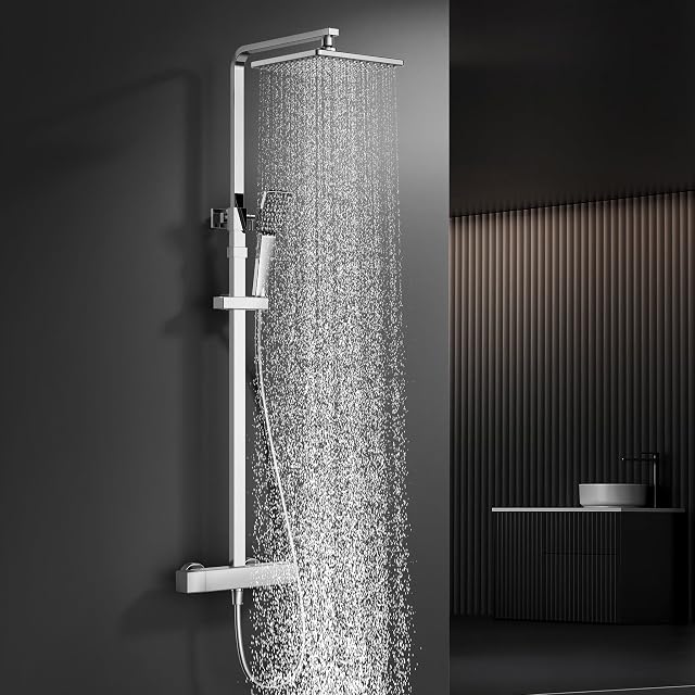 Columna de ducha cromada HOMELODY con mezclador termostático y rociador de lluvia cuadrado