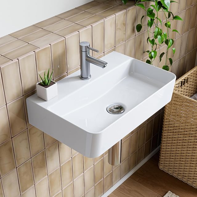 Lavabo mural de cerámica blanca HOROW con esquinas redondeadas